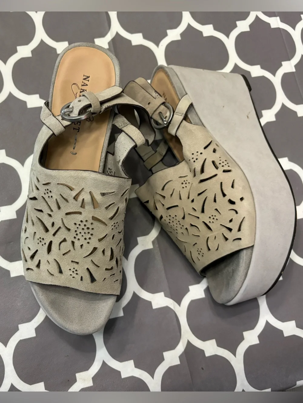 Naked Feet Pegasi laser-cut suede platform leather wedge sandals